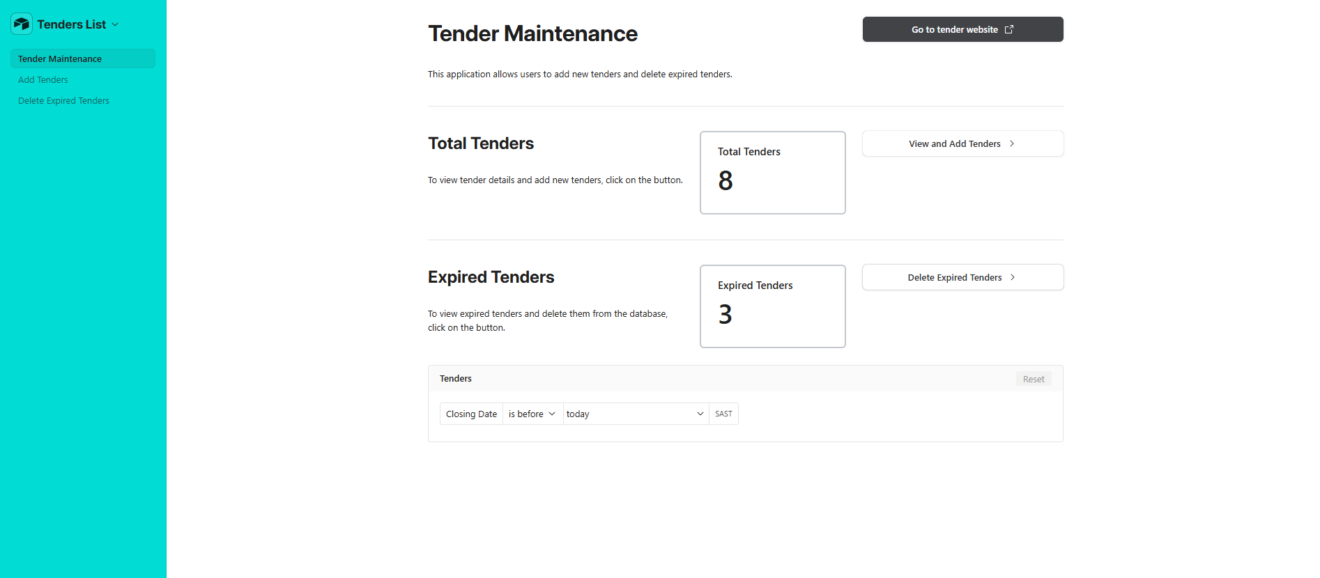 Image of the Airtable tender database interface